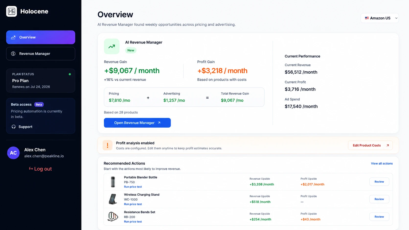 Holocene AI Revenue Manager dashboard overview